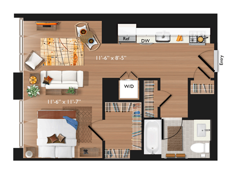 Floor plan for studio, 1 bath, 584 sqft